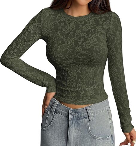 Prettygarden نساء 2025 خريف الأكمام طويلة الدانتيل tirts crewneck silm fit in Saudi Arabia