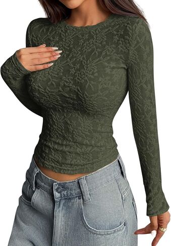 Prettygarden نساء 2025 خريف الأكمام طويلة الدانتيل tirts crewneck silm fit in Saudi Arabia