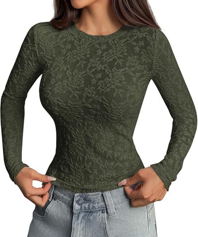 Prettygarden نساء 2025 خريف الأكمام طويلة الدانتيل tirts crewneck silm fit in Saudi Arabia