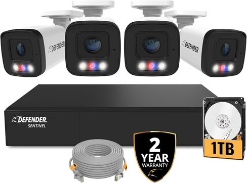 نظام كاميرا مراقبة سلكي PoE Sentinel 4K من Defender AI مع 1 تيرابايت 8Ch NVR، 8 كاميرات مراقبة خارجية معدنية 8MP/4K، اكتشاف بشري ذكي بالذكاء الاصطناعي، ردع وميض باللون الأزرق والأحمر، تطبيق للهاتف المحمول in Saudi Arabia
