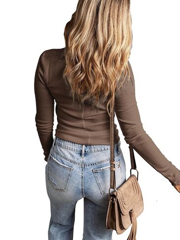 Women's Long Sleeves Snap Button Tunics Waffle Knit Basic Crew Neck Henley Shirts in Kuwait