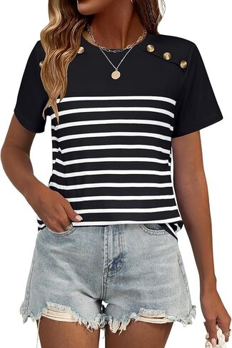 Rapbin Womens Summer Tops 2025 Dressy Casual Short Sleeve Crewneck T Shirts Trendy Striped Button Decor Tunic Blouse in Saudi Arabia