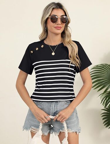 Rapbin Womens Summer Tops 2025 Dressy Casual Short Sleeve Crewneck T Shirts Trendy Striped Button Decor Tunic Blouse in Saudi Arabia