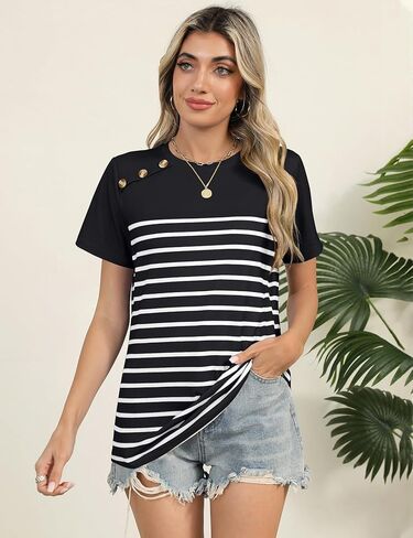 Rapbin Womens Summer Tops 2025 Dressy Casual Short Sleeve Crewneck T Shirts Trendy Striped Button Decor Tunic Blouse in Saudi Arabia