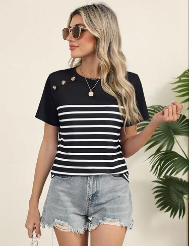 Rapbin Womens Summer Tops 2025 Dressy Casual Short Sleeve Crewneck T Shirts Trendy Striped Button Decor Tunic Blouse in Saudi Arabia