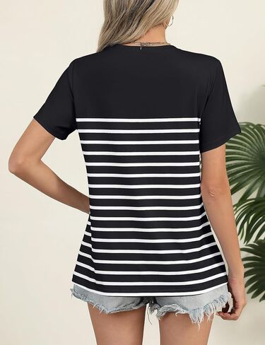 Rapbin Womens Summer Tops 2025 Dressy Casual Short Sleeve Crewneck T Shirts Trendy Striped Button Decor Tunic Blouse in Saudi Arabia