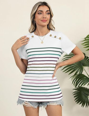 Rapbin Womens Summer Tops 2025 Dressy Casual Short Sleeve Crewneck T Shirts Trendy Striped Button Decor Tunic Blouse in Saudi Arabia