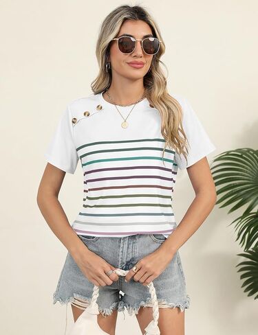 Rapbin Womens Summer Tops 2025 Dressy Casual Short Sleeve Crewneck T Shirts Trendy Striped Button Decor Tunic Blouse in Saudi Arabia