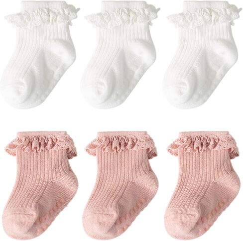 DRESHOW BQUBO Baby Girls Toddler Girls Anti Slip Socks Cute Frilly Ruffle Socks Grip Ankle Baby Socks for Infant Toddler in Kuwait