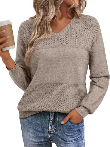 LILLUSORY Women's Hollowed-Out V Neck Sweater Business Casual Pullover Tops in Saudi Arabia