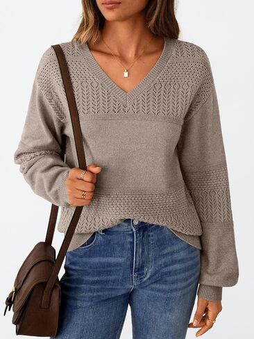 LILLUSORY Women's Hollowed-Out V Neck Sweater Business Casual Pullover Tops in Saudi Arabia