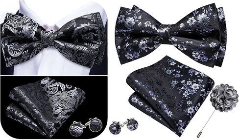 Barry.Wang Grey Black Bow Tie for Men Floral Silk Pre-Tied Bowtie Pocket Square Cufflinks Set Formal Wedding Party Prom in Saudi Arabia