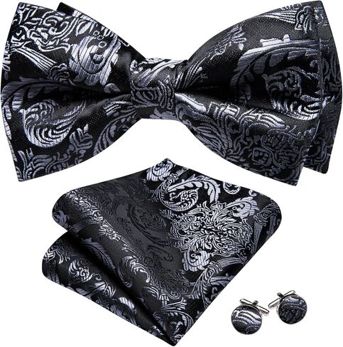 Barry.Wang Grey Black Bow Tie for Men Floral Silk Pre-Tied Bowtie Pocket Square Cufflinks Set Formal Wedding Party Prom in Saudi Arabia