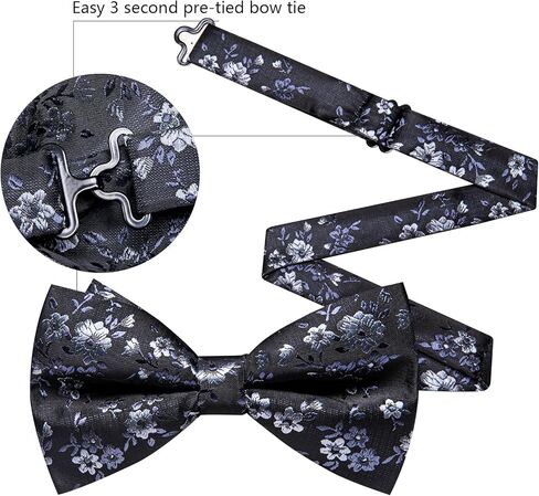 Barry.Wang Grey Black Bow Tie for Men Floral Silk Pre-Tied Bowtie Pocket Square Cufflinks Set Formal Wedding Party Prom in Saudi Arabia