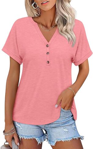 Womens Short Sleeve Shirts V Neck Summer Tops Casual T Shirts Basic Buttons Tees Loose in Saudi Arabia