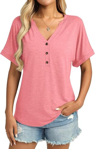 Womens Short Sleeve Shirts V Neck Summer Tops Casual T Shirts Basic Buttons Tees Loose in Saudi Arabia