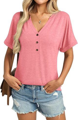 Womens Short Sleeve Shirts V Neck Summer Tops Casual T Shirts Basic Buttons Tees Loose in Saudi Arabia