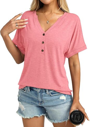 Womens Short Sleeve Shirts V Neck Summer Tops Casual T Shirts Basic Buttons Tees Loose in Saudi Arabia