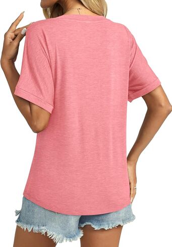 Womens Short Sleeve Shirts V Neck Summer Tops Casual T Shirts Basic Buttons Tees Loose in Saudi Arabia