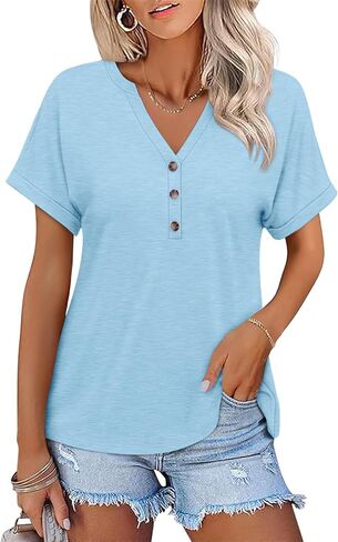Womens Short Sleeve Shirts V Neck Summer Tops Casual T Shirts Basic Buttons Tees Loose in Saudi Arabia