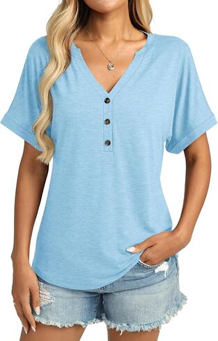 Womens Short Sleeve Shirts V Neck Summer Tops Casual T Shirts Basic Buttons Tees Loose in Saudi Arabia