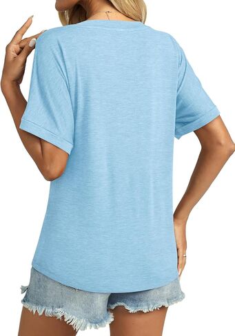 Womens Short Sleeve Shirts V Neck Summer Tops Casual T Shirts Basic Buttons Tees Loose in Saudi Arabia