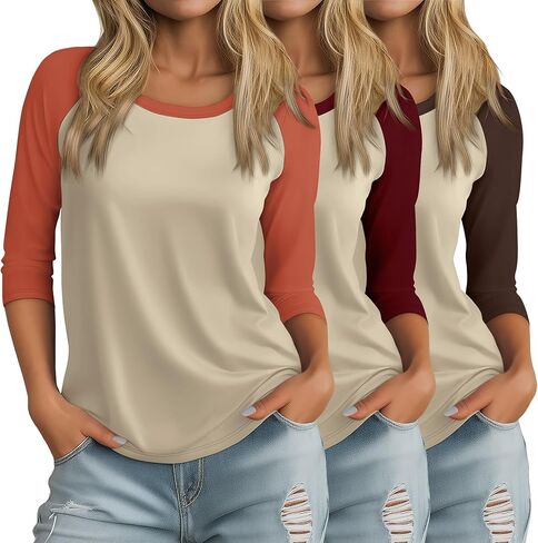 Huukeay 3 Pack Women's 3/4 Sleeve Raglan Shirts, Crew Neck Cotton Blend Casual Baseball Tops Color Block Basic Jersey Tees in Kuwait