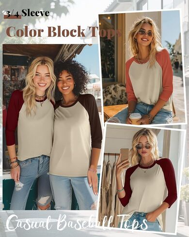 Huukeay 3 Pack Women's 3/4 Sleeve Raglan Shirts, Crew Neck Cotton Blend Casual Baseball Tops Color Block Basic Jersey Tees in Kuwait