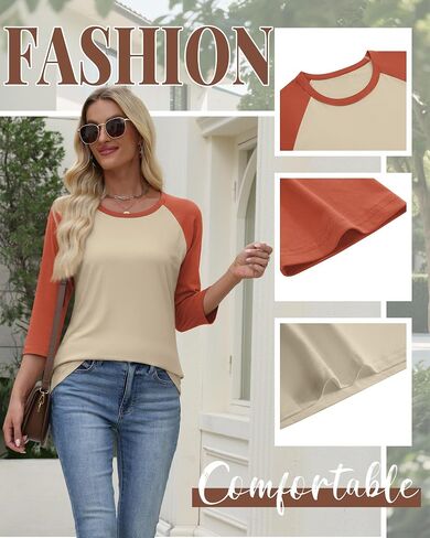 Huukeay 3 Pack Women's 3/4 Sleeve Raglan Shirts, Crew Neck Cotton Blend Casual Baseball Tops Color Block Basic Jersey Tees in Kuwait