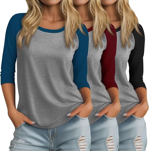 Huukeay 3 Pack Women's 3/4 Sleeve Raglan Shirts, Crew Neck Cotton Blend Casual Baseball Tops Color Block Basic Jersey Tees in Kuwait