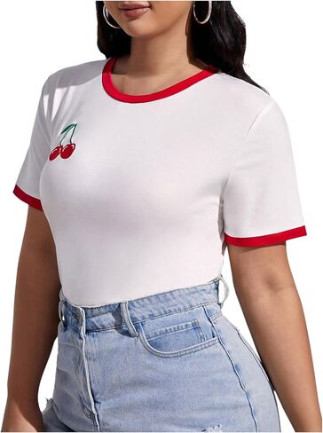 Women's Cherry Embroidery Print Shirt Contrast Color Neck Tee Short Sleeve Graphic Casual T Shirt Summer Tee Tops in Saudi Arabia