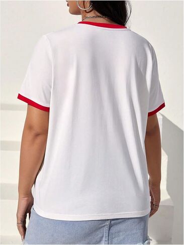 Women's Cherry Embroidery Print Shirt Contrast Color Neck Tee Short Sleeve Graphic Casual T Shirt Summer Tee Tops in Saudi Arabia