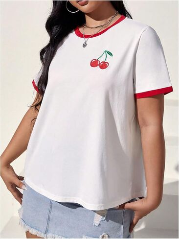 Women's Cherry Embroidery Print Shirt Contrast Color Neck Tee Short Sleeve Graphic Casual T Shirt Summer Tee Tops in Saudi Arabia