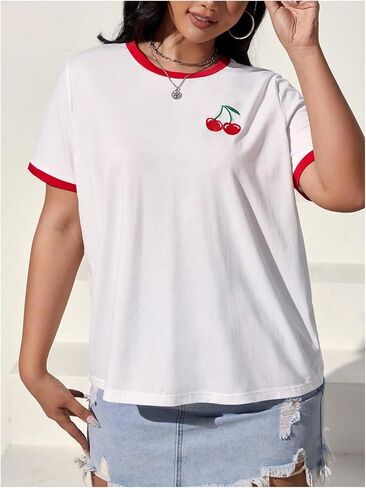 Women's Cherry Embroidery Print Shirt Contrast Color Neck Tee Short Sleeve Graphic Casual T Shirt Summer Tee Tops in Saudi Arabia
