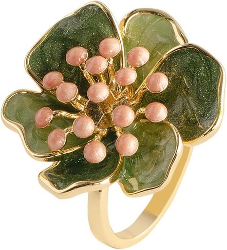 Kokoma Vintage Camellia Flower Statement Ring for Women Shiny Green Enamel Floral Ring Engagement Eternity Rings Wedding Band Adjustable Fashion Jewelry in Saudi Arabia