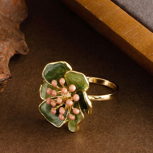 Kokoma Vintage Camellia Flower Statement Ring for Women Shiny Green Enamel Floral Ring Engagement Eternity Rings Wedding Band Adjustable Fashion Jewelry in Saudi Arabia