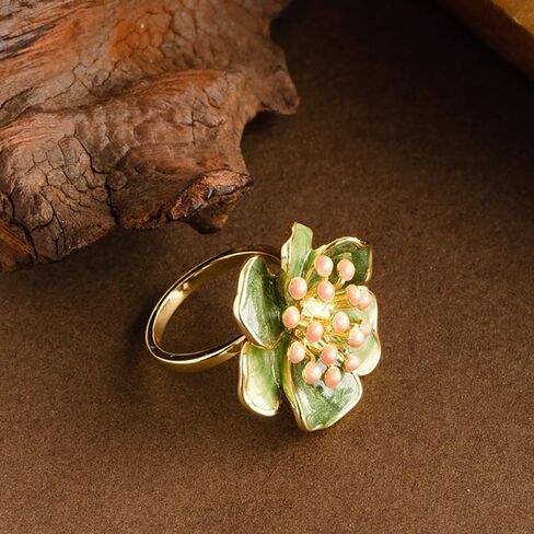 Kokoma Vintage Camellia Flower Statement Ring for Women Shiny Green Enamel Floral Ring Engagement Eternity Rings Wedding Band Adjustable Fashion Jewelry in Saudi Arabia