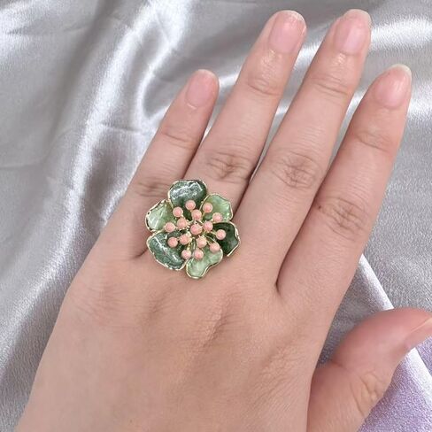 Kokoma Vintage Camellia Flower Statement Ring for Women Shiny Green Enamel Floral Ring Engagement Eternity Rings Wedding Band Adjustable Fashion Jewelry in Saudi Arabia
