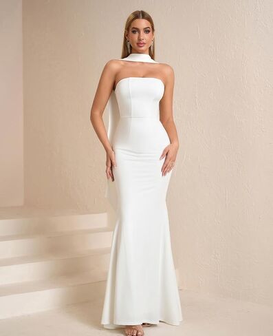 2025 نساء Bodycon الرسمي Maxi Dresses الأنيقة الأنبوب الصيفي زفاف الضيف فستان حفلة كوكتيل مع وشاح in Kuwait
