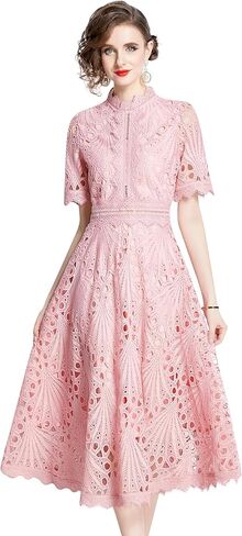 LAI MENG FIVE CATS Women's Retro Elegant Floral Lace Crew Neck Crochet Waist Cocktail Party Midi Dress in Saudi Arabia