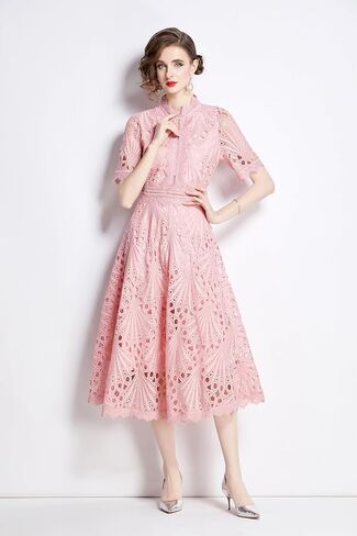 LAI MENG FIVE CATS Women's Retro Elegant Floral Lace Crew Neck Crochet Waist Cocktail Party Midi Dress in Saudi Arabia