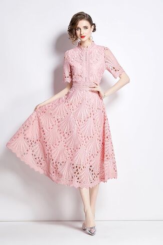 LAI MENG FIVE CATS Women's Retro Elegant Floral Lace Crew Neck Crochet Waist Cocktail Party Midi Dress in Saudi Arabia