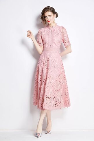 LAI MENG FIVE CATS Women's Retro Elegant Floral Lace Crew Neck Crochet Waist Cocktail Party Midi Dress in Saudi Arabia