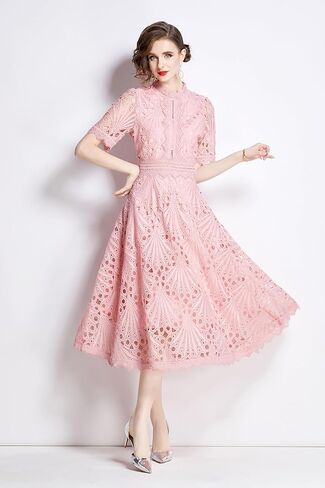 LAI MENG FIVE CATS Women's Retro Elegant Floral Lace Crew Neck Crochet Waist Cocktail Party Midi Dress in Saudi Arabia