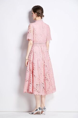 LAI MENG FIVE CATS Women's Retro Elegant Floral Lace Crew Neck Crochet Waist Cocktail Party Midi Dress in Saudi Arabia