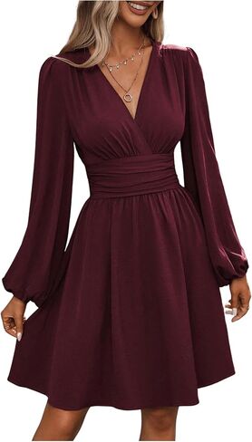 Soly Hux Women's Elegant Dress v Neck Long Long Gereve High Weist Swing Prom Cocktail Cocktail Dresses in Kuwait