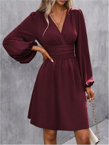 Soly Hux Women's Elegant Dress v Neck Long Long Gereve High Weist Swing Prom Cocktail Cocktail Dresses in Kuwait