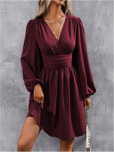 Soly Hux Women's Elegant Dress v Neck Long Long Gereve High Weist Swing Prom Cocktail Cocktail Dresses in Kuwait