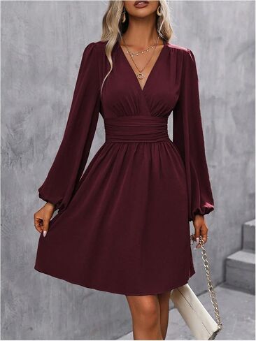 Soly Hux Women's Elegant Dress v Neck Long Long Gereve High Weist Swing Prom Cocktail Cocktail Dresses in Kuwait