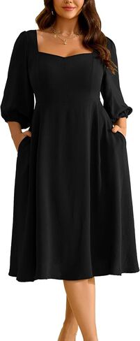 RWJ Plus Size Midi Dress for Women - 3/4 Sleeve Sweetheart Neck A-Line Casual Wedding Guest Dresses with Pockets in Saudi Arabia